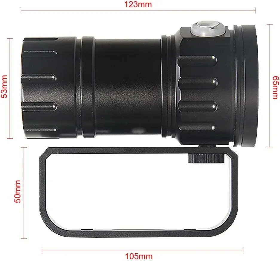 Une lampe SecurityIng de profil, avec ses dimensions : 123 mm de long, tête de 65 mm, corps de 53 mm, poignée de 105 × 50 mm