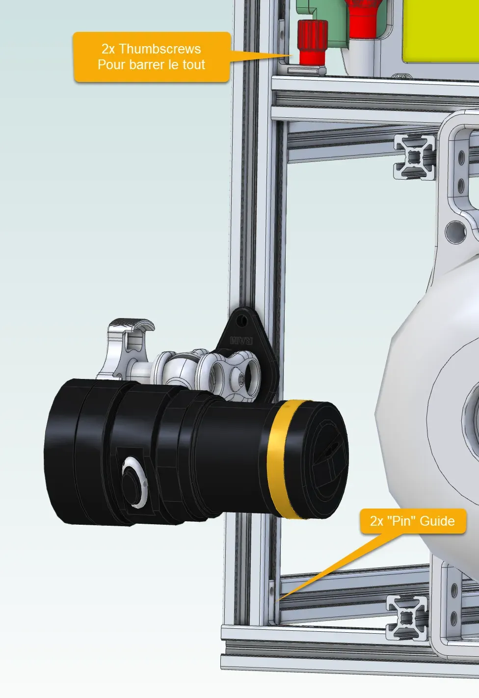 Détail du modèle 3D : une lampe sur son support, les deux vis à main qui bloquent le tout et les deux guides
